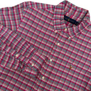 Ralph Lauren Button Down Shirt Mens Large Pink Blue Plaid Cotton Long Sleeve Fit